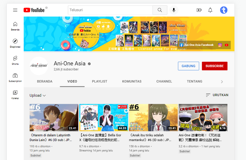 Channel Youtube Ani-one Asia